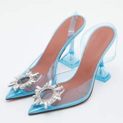 Pre Owned Amina Muaddi Blue PVC Begum Crystal Embellished Slingback Pumps Size 36.5