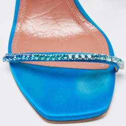 Pre Owned Amina Muaddi Blue Satin Crystal Gilda Sandals Size 38