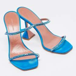 Pre Owned Amina Muaddi Blue Satin Crystal Gilda Sandals Size 38