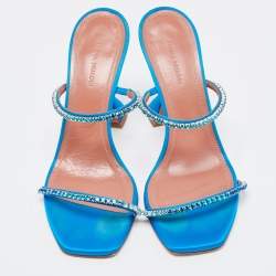 Pre Owned Amina Muaddi Blue Satin Crystal Gilda Sandals Size 38