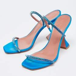 Pre Owned Amina Muaddi Blue Satin Crystal Gilda Sandals Size 38