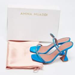 Pre Owned Amina Muaddi Blue Satin Crystal Gilda Sandals Size 38