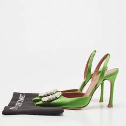 Pre Owned Amina Muaddi Green Satin Camelia Slingback Pumps Size 36.5