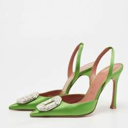 Pre Owned Amina Muaddi Green Satin Camelia Slingback Pumps Size 36.5