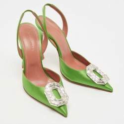 Pre Owned Amina Muaddi Green Satin Camelia Slingback Pumps Size 36.5