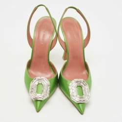 Pre Owned Amina Muaddi Green Satin Camelia Slingback Pumps Size 36.5