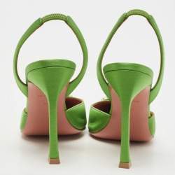 Pre Owned Amina Muaddi Green Satin Camelia Slingback Pumps Size 36.5