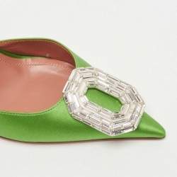 Pre Owned Amina Muaddi Green Satin Camelia Slingback Pumps Size 36.5