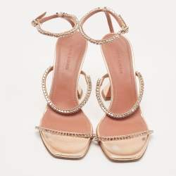 Pre Owned Amina Muaddi Metallic Leather Crystal Embellished Gilda  Sandals Size 38