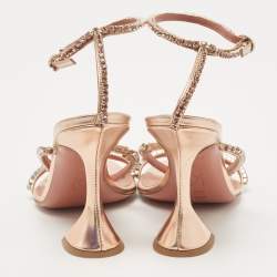 Pre Owned Amina Muaddi Metallic Leather Crystal Embellished Gilda  Sandals Size 38