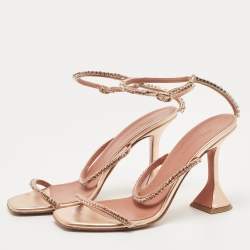Pre Owned Amina Muaddi Metallic Leather Crystal Embellished Gilda  Sandals Size 38
