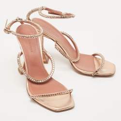 Pre Owned Amina Muaddi Metallic Leather Crystal Embellished Gilda  Sandals Size 38