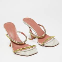 Amina Muaddi Grey Patent Crystal Gilda Sandals Size 38
