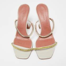 Amina Muaddi Grey Patent Crystal Gilda Sandals Size 38