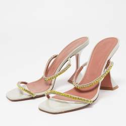 Amina Muaddi Grey Patent Crystal Gilda Sandals Size 38