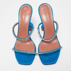Pre Owned Amina Muaddi Blue Satin Crystal Gilda Sandals Size 37.5