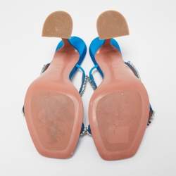 Pre Owned Amina Muaddi Blue Satin Crystal Gilda Sandals Size 37.5