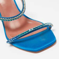 Pre Owned Amina Muaddi Blue Satin Crystal Gilda Sandals Size 37.5