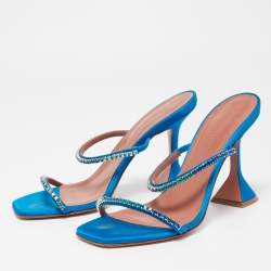Pre Owned Amina Muaddi Blue Satin Crystal Gilda Sandals Size 37.5