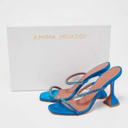 Pre Owned Amina Muaddi Blue Satin Crystal Gilda Sandals Size 37.5