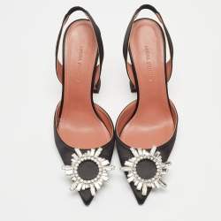 Pre Owned Amina Muaddi Black Satin Begum Slingback Pumps Size 35.5