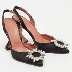 Pre Owned Amina Muaddi Black Satin Begum Slingback Pumps Size 35.5
