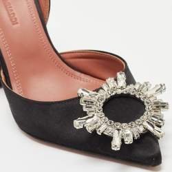 Pre Owned Amina Muaddi Black Satin Begum Slingback Pumps Size 35.5