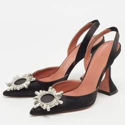Pre Owned Amina Muaddi Black Satin Begum Slingback Pumps Size 35.5