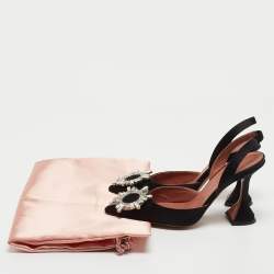 Pre Owned Amina Muaddi Black Satin Begum Slingback Pumps Size 35.5