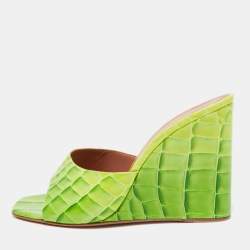 Amina Muaddi Green Croc Patent Embossed lupita Wedge Sandals Size 38