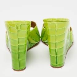 Amina Muaddi Green Croc Patent Embossed lupita Wedge Sandals Size 38