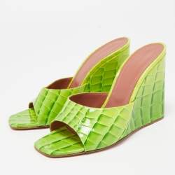 Amina Muaddi Green Croc Patent Embossed lupita Wedge Sandals Size 38