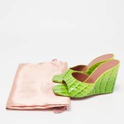 Amina Muaddi Green Croc Patent Embossed lupita Wedge Sandals Size 38