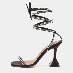 Pre Owned Amina Muaddi Black Satin Vita Ankle Tie Sandals Size 35.5