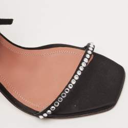 Pre Owned Amina Muaddi Black Satin Vita Ankle Tie Sandals Size 35.5