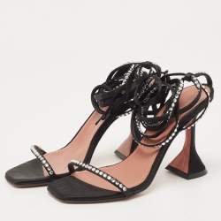 Pre Owned Amina Muaddi Black Satin Vita Ankle Tie Sandals Size 35.5