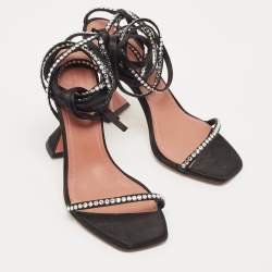 Pre Owned Amina Muaddi Black Satin Vita Ankle Tie Sandals Size 35.5