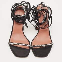 Pre Owned Amina Muaddi Black Satin Vita Ankle Tie Sandals Size 35.5