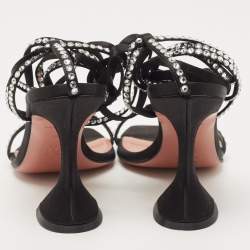Pre Owned Amina Muaddi Black Satin Vita Ankle Tie Sandals Size 35.5