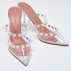 Pre Owned Amina Muaddi Transparent PVC Crystal Embellished Julia Mules Size 37