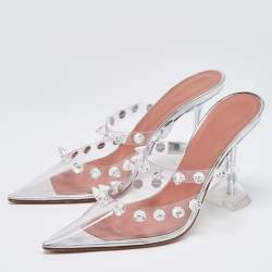 Pre Owned Amina Muaddi Transparent PVC Crystal Embellished Julia Mules Size 37