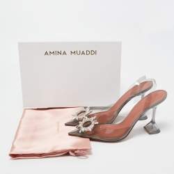Pre Owned Amina Muaddi Transparent PVC Begum Crystal Embellished Slingback Pumps Size 41