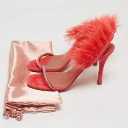 Pre Owned Amina Muaddi Pink Satin and Feather Crystal Embellished Adwoa Slingback Sandals Size 37.5