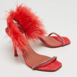 Pre Owned Amina Muaddi Pink Satin and Feather Crystal Embellished Adwoa Slingback Sandals Size 37.5