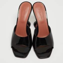 Amina Muaddi Black Patent Leather Lupita Open Slide Sandals Size 40