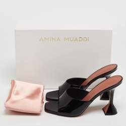 Amina Muaddi Black Patent Leather Lupita Open Slide Sandals Size 40