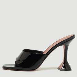 Amina Muaddi Black Patent Leather Lupita Open Slide Sandals Size 40