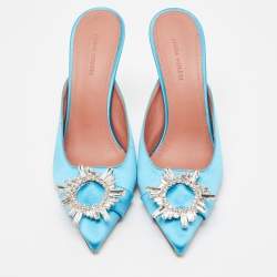 Pre Owned Amina Muaddi Blue Satin Begum Mules Size 40