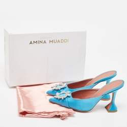 Pre Owned Amina Muaddi Blue Satin Begum Mules Size 40