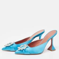Pre Owned Amina Muaddi Blue Satin Begum Mules Size 40